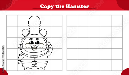 Educational copy the pattern activity game for kids featuring cute Hamster character dressed in British uniform, replicate image and learn how to draw