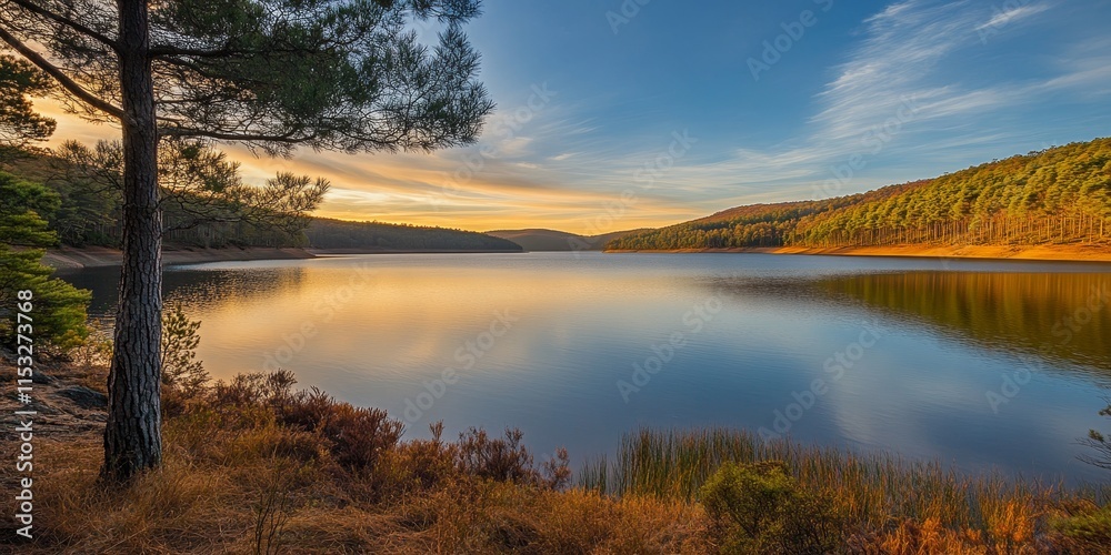 Fototapeta premium Serene Derwent Valley Reservoir surrounded by nature, showcasing a stunning landscape with a dam, perfect for outdoor enthusiasts seeking tranquility near the reservoir and dam s scenic beauty.