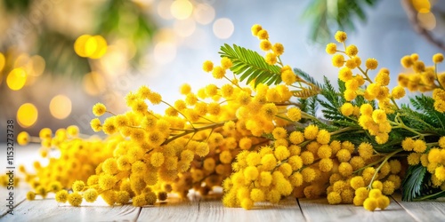 Vibrant yellow mimosa blossoms against a stark white backdrop, a spring floral still life.