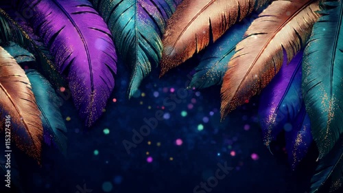 Vibrant feathers in festive Mardi Gras colors with sparkling bokeh background with copy space