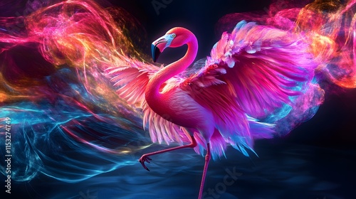 Flamingo in a vibrant nebula: A digital art piece depicting a flamingo amidst swirling, colorful smoke, evoking a sense of fantasy and wonder.