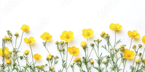 Spring yellow wildflowers create a vibrant border isolated on a white background. Perfect for occasions like Mother s Day, Valentine s Day, or Women s Day. This spring background features a flat lay