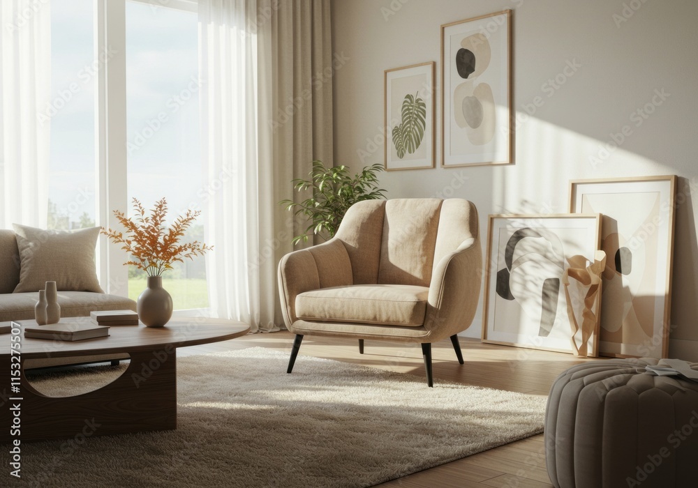 Fototapeta premium Living Room Interior With Sofa, Wicker Armchair, Cactus Plant And Coffee Table