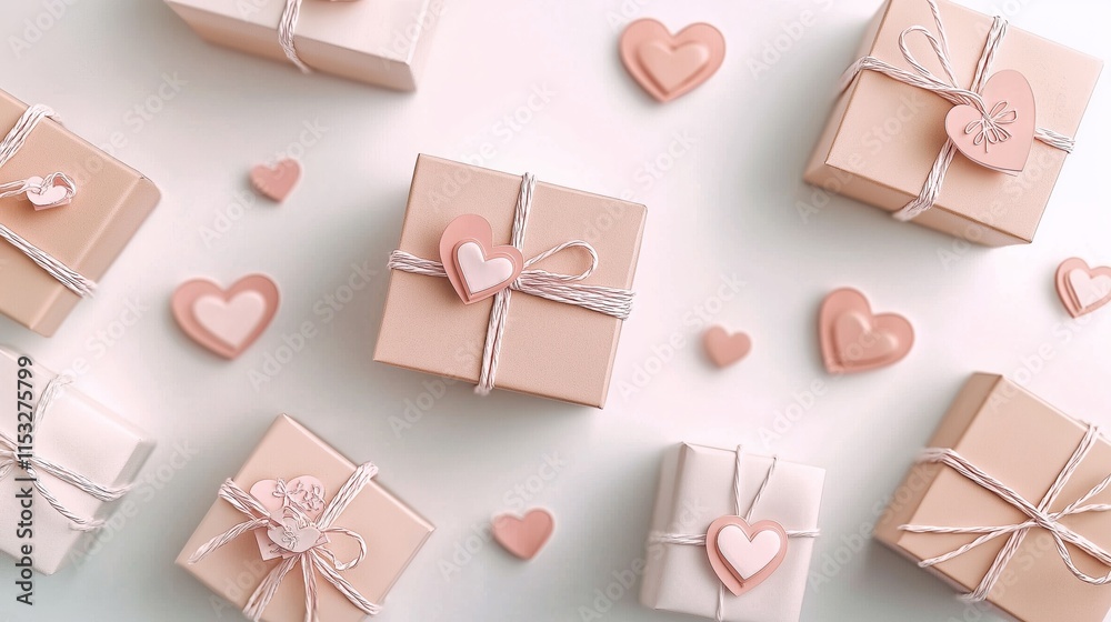 A minimalist arrangement of Valentine's Day gift boxes in neutral pastel colors with heart-shaped decorations, tied with delicate strings A minimalist arrangement of Valentine's Day gift boxes in neutral pastel colors with heart-shaped decorations, tied with delicate strings