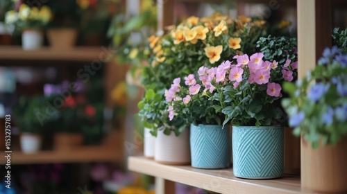 Wallpaper Mural Colorful Floral Arrangements on Shelves in a Bright Nursery Torontodigital.ca