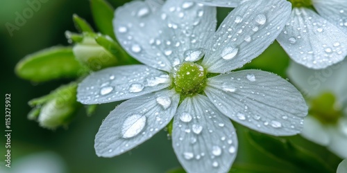 White alpine chickweed with raindrops captured in macro photography showcases the beauty of alpine flora in summer. This close up of blooming alpine mouse ear highlights water drops on white petals.