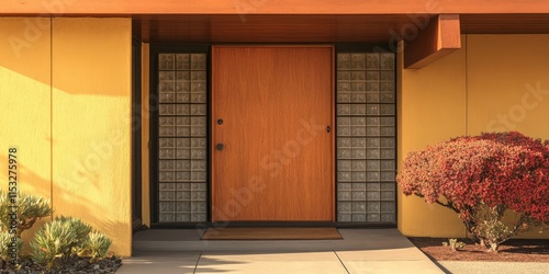 Entrance door of a Mid Century Modern home, showcasing the unique design characteristics that define this architectural style from the mid 20th century. photo