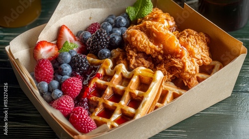 Indulgent Morning Delight: Hearty Brunch Box with Waffles, Fried Chicken, and Fresh Berries in Maple Syrup Drizzle photo