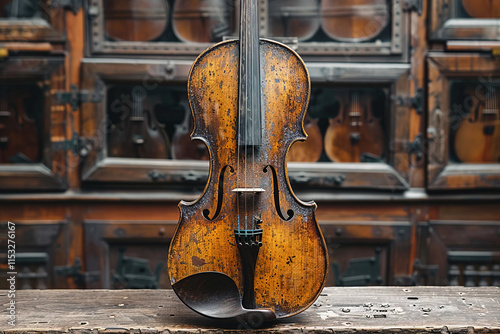 Musical string instrument violin, antique vintage instrument in case. Luxury expensive antiques display.