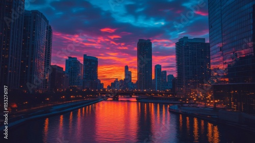 Vibrant Sunset Over Cityscape River And Skyscrapers