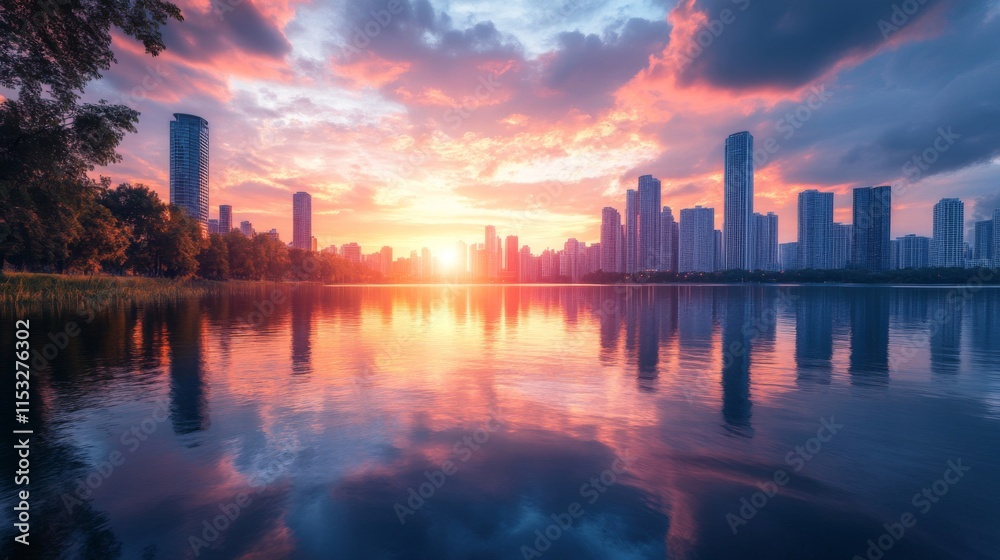 Fototapeta premium City Skyline Reflecting in Calm Water at Sunset