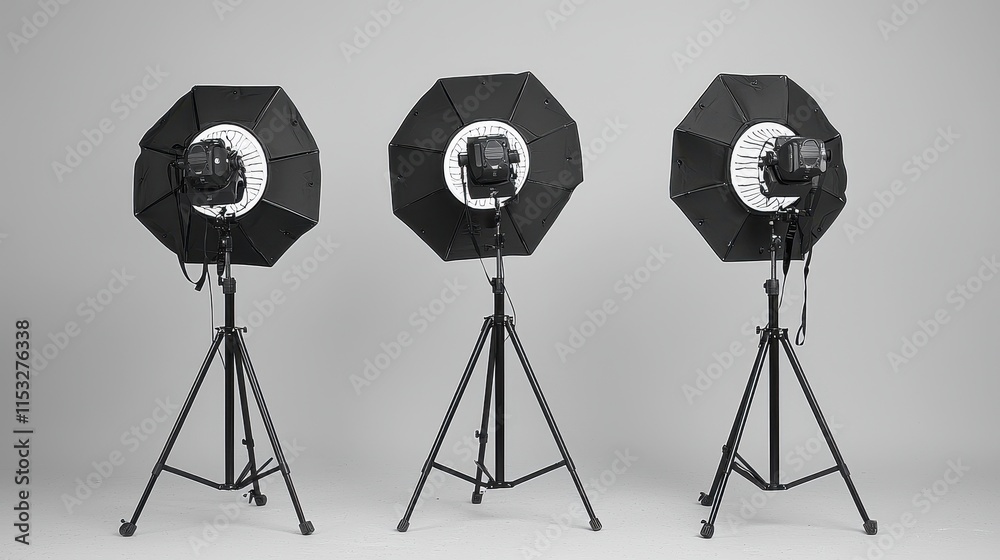 Obraz premium Three Professional Photography Softbox Lighting Setups for Studio Use