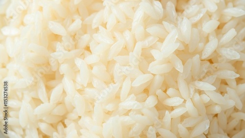 A Close-Up View of Cooked White Rice Displaying Its Soft, Fluffy Texture Ideal for Food Photography, Culinary Art, and Gastronomy Presentations