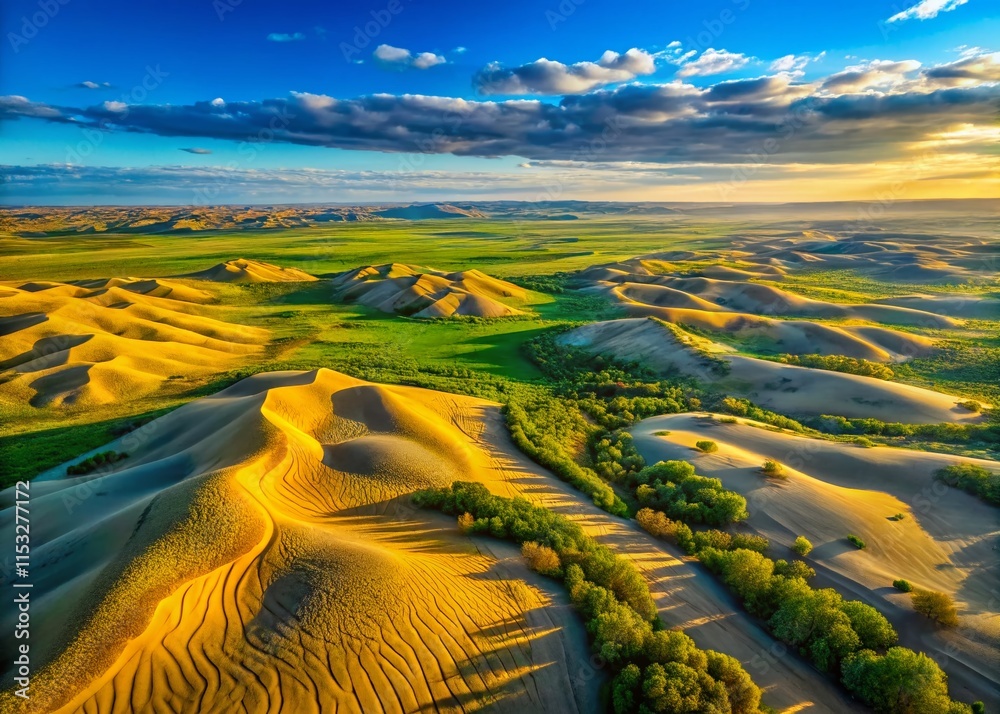 Fototapeta Panoramic Aerial View of Nebraska Sandhills Rolling Dunes Landscape