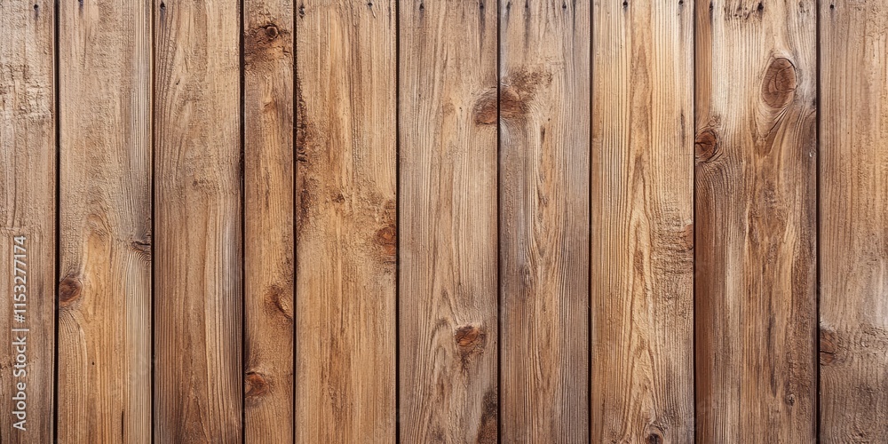 Fototapeta premium Close up of a wall featuring wooden planks, showcasing a fragment with vertical planks and visible knots. This wood texture serves as a natural decoration material for design themes.
