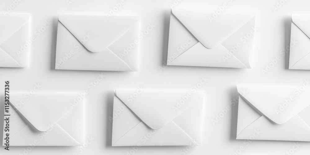 White envelopes featuring an address window arranged on a clean white background, ideal for showcasing white envelopes in various contexts and uses, focusing on the design of white envelopes.