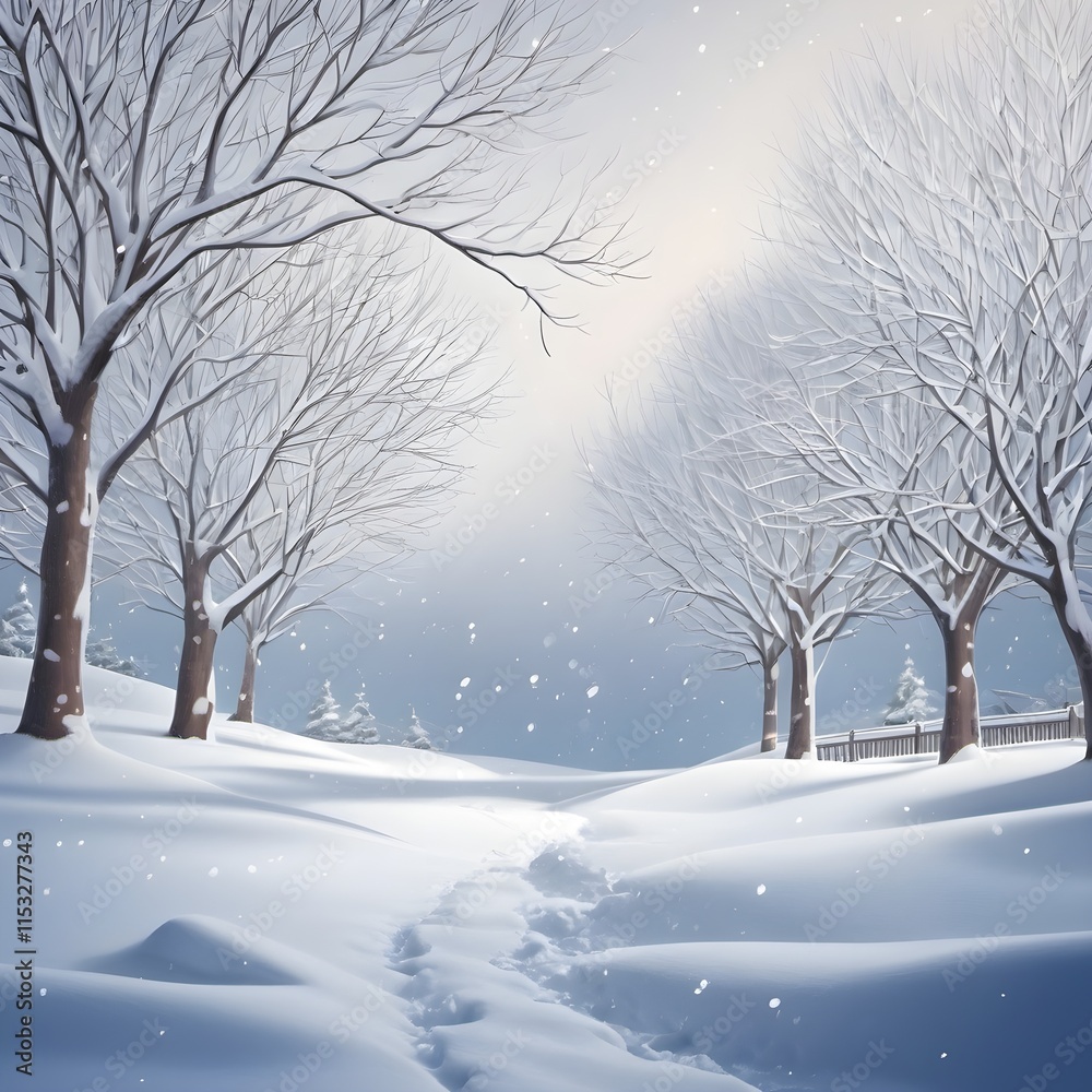Fototapeta premium Snowy Winter Landscape with Bare Trees and Falling Snow