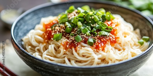 Spicy sauce served with cold noodles creates a delightful dish. Enjoy the refreshing taste of cold noodles topped with a bold and flavorful spicy sauce for an exciting culinary experience. photo