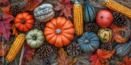 Autumn decorations featuring a variety of pumpkins, acorns, gourds, corn, and pine cones laid on rustic wood alongside straw, ideal for enhancing the festive spirit during the autumn season.