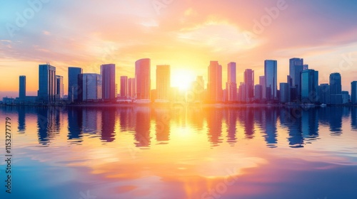 City Skyline Reflected In Calm Water At Sunset