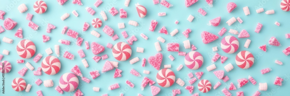Obraz premium Colorful Arrangement of Various Candy on a Pastel Blue Background Creating a Whimsical and Playful Atmosphere for Sweet Treat Lovers