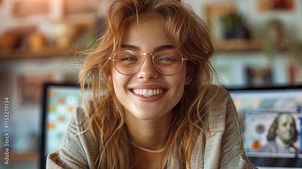 Happy girl at the computer with money. Happy girl at the computer with money.