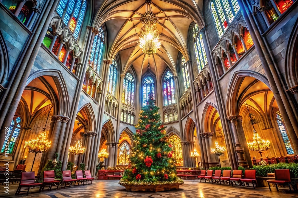 Panoramic Christmas Eve Gothic Cathedral Interior - Festive Decorations & Architecture