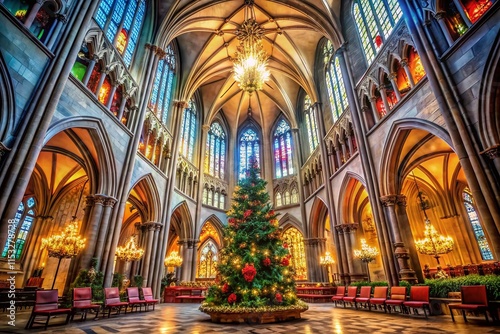 Obraz na płótnie Panoramic Christmas Eve Gothic Cathedral Interior - Festive Decorations & Architecture w salonie