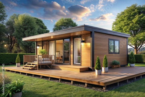 modern wooden tiny home with spacious deck, surrounded by lush greenery, featuring minimalist design and large windows