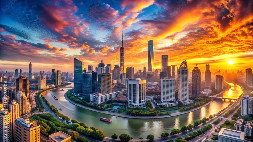 Obraz premium Panoramic Cityscape at Dawn: Stunning Urban Skyline View