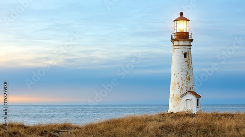 Wallpaper Mural Rustic Lighthouse at Dusk with Calm Ocean and Serene Sky in Soft Light Torontodigital.ca