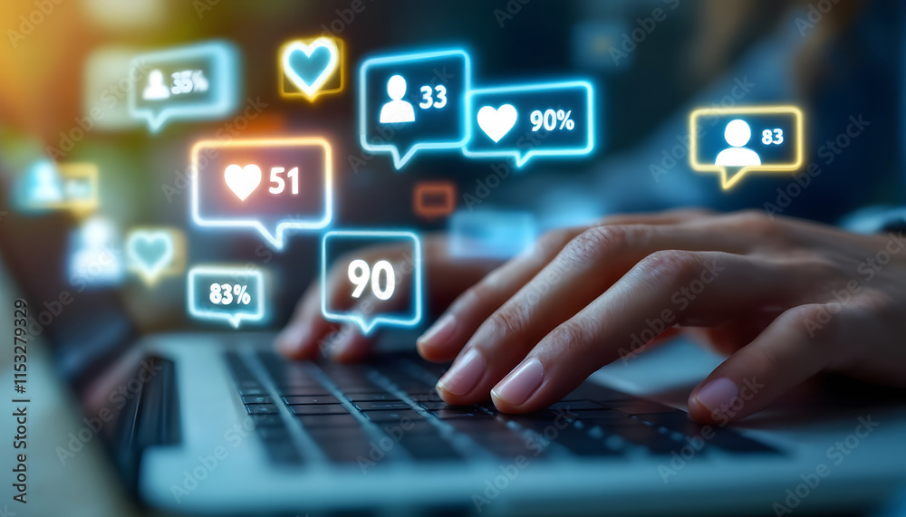 Social Media Engagement on Laptop, Typing on Laptop with Social Media Icons, Online Interaction and Social Media Notifications Social Media Engagement on Laptop, Typing on Laptop with Social Media Icons, Online Interaction and Social Media Notifications