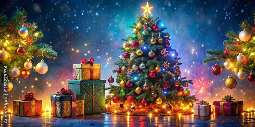 custom made wallpaper toronto digitalPanoramic Enchanted Christmas Tree with Twinkling Lights & Gift Boxes - Festive Holiday Background