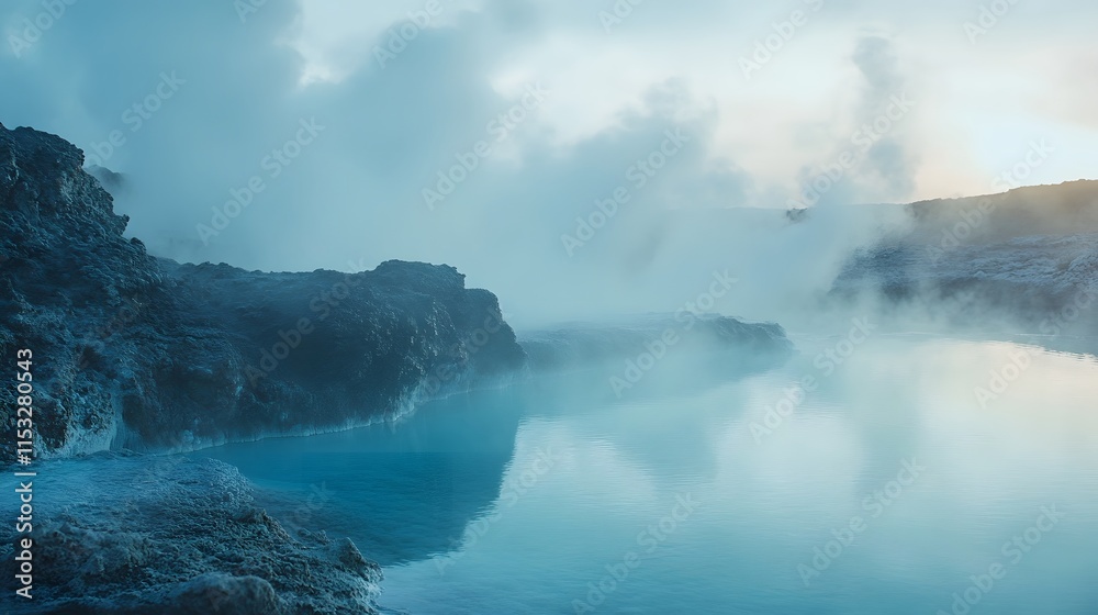 Close-up of a geoPermal hot spring wiP vivid blue hues and steam rising against a rugged landscape, in 4K resolution Close-up of a geoPermal hot spring wiP vivid blue hues and steam rising against a rugged landscape, in 4K resolution