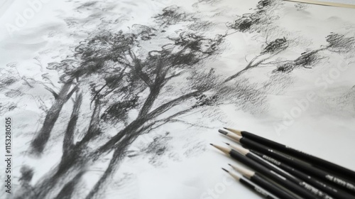 Charcoal sketch of tree branches and pencils.