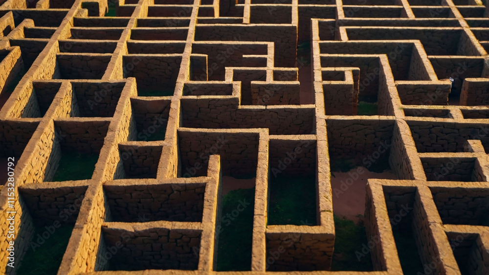 A complex wooden maze building up view shot; a maze in desert area A complex wooden maze building up view shot; a maze in desert area
