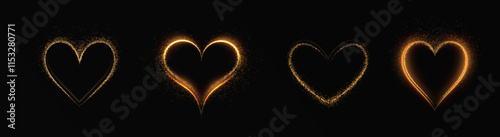 Heart gold with flashes isolated on transparent background. Light heart for holiday cards, banners, invitations. Heart-shaped neon wire glow.	