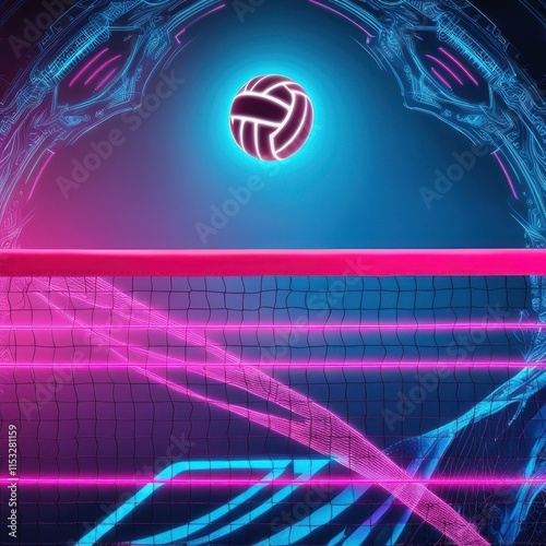 A glowing neon volleyball and volleyball net against futuristic digital background