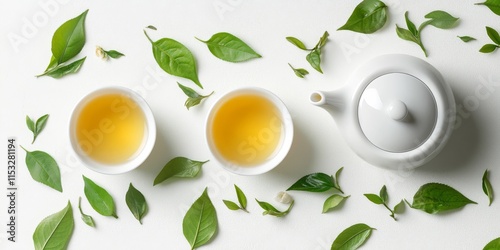 Herbal tea is beautifully displayed with two white tea cups and a teapot, showcasing vibrant green tea leaves. This flat lay composition captures the essence of herbal tea in a top view tea concept. photo