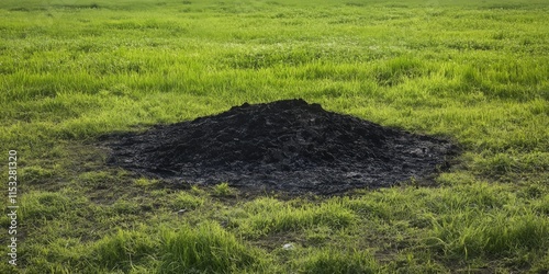 After a controlled burn, the burnt place reveals a mound of ashes left behind, creating a stark contrast on the vibrant green grass surrounding the burnt place, showcasing nature s cycle. photo