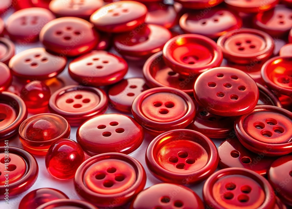 Panoramic Image of Scattered Red Glass Buttons on a White Background Panoramic Image of Scattered Red Glass Buttons on a White Background