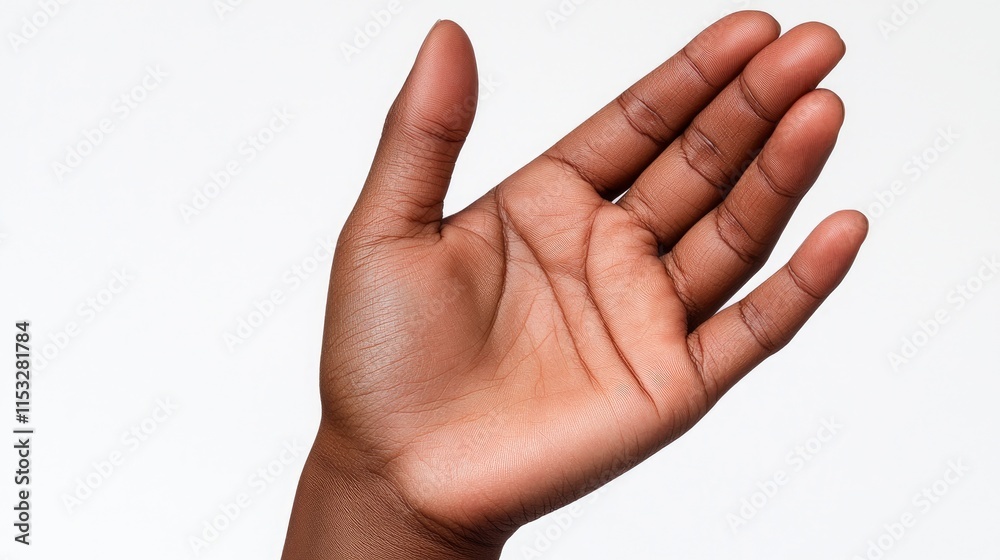 A dark-skinned hand is slightly open against a white background. Suitable for showcasing skincare products, gestures, or health-related concepts. A dark-skinned hand is slightly open against a white background. Suitable for showcasing skincare products, gestures, or health-related concepts.