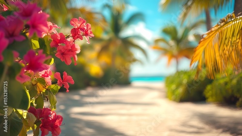 Close-up of vibrant tropical flowers blooming along a luxury beach paPway, in 4K resolution