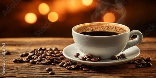 A cup of coffee placed on the table, showcasing the rich color and inviting aroma of coffee. The cup of coffee adds warmth to the setting, perfect for any coffee lover s moment. photo