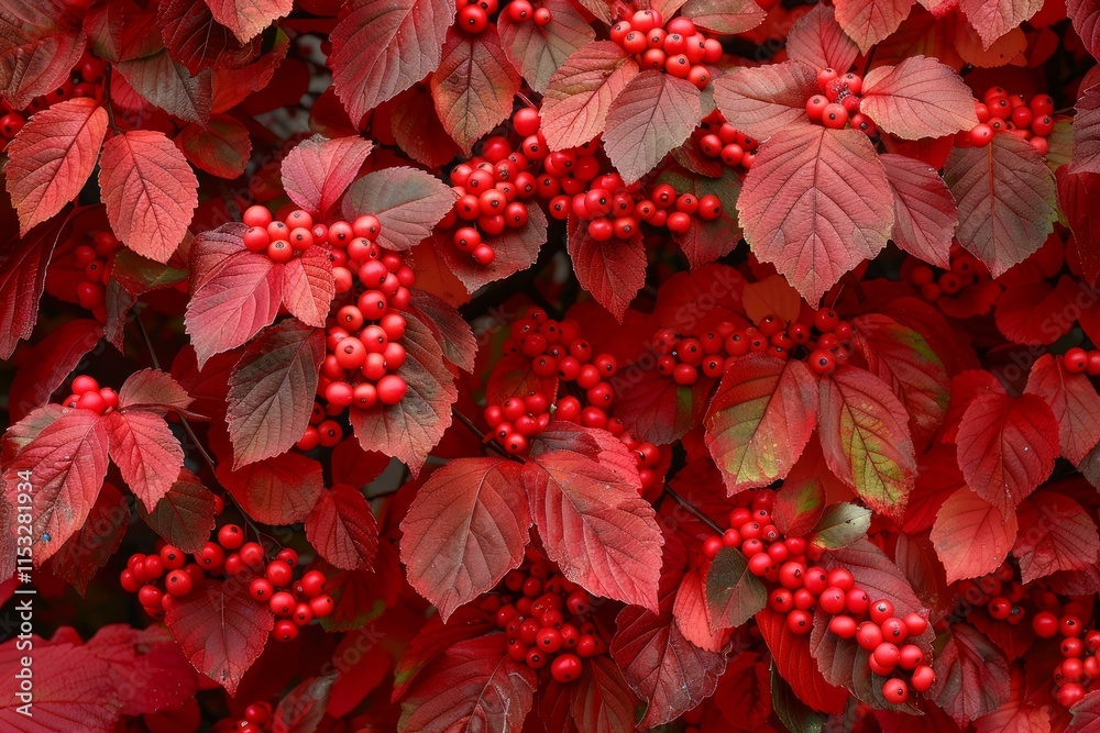 Naklejka premium Clusters of red berries nestled among vibrant red leaves create a stunning autumnal display