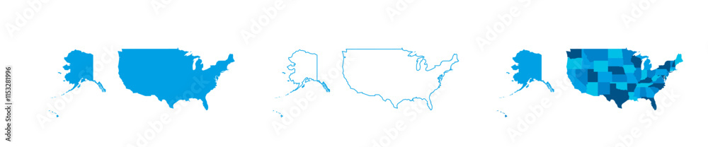 Fototapeta premium United States of America set of three maps - solid map, outline map and map highlighting administrative divisions. Three distinct maps illustrate various representations of a geographical area.