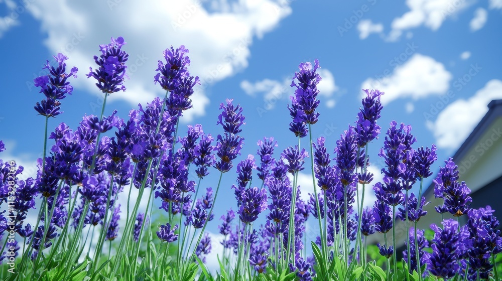 Naklejka premium Vibrant Lavender Field Under Bright Blue Sky with Fluffy White Clouds