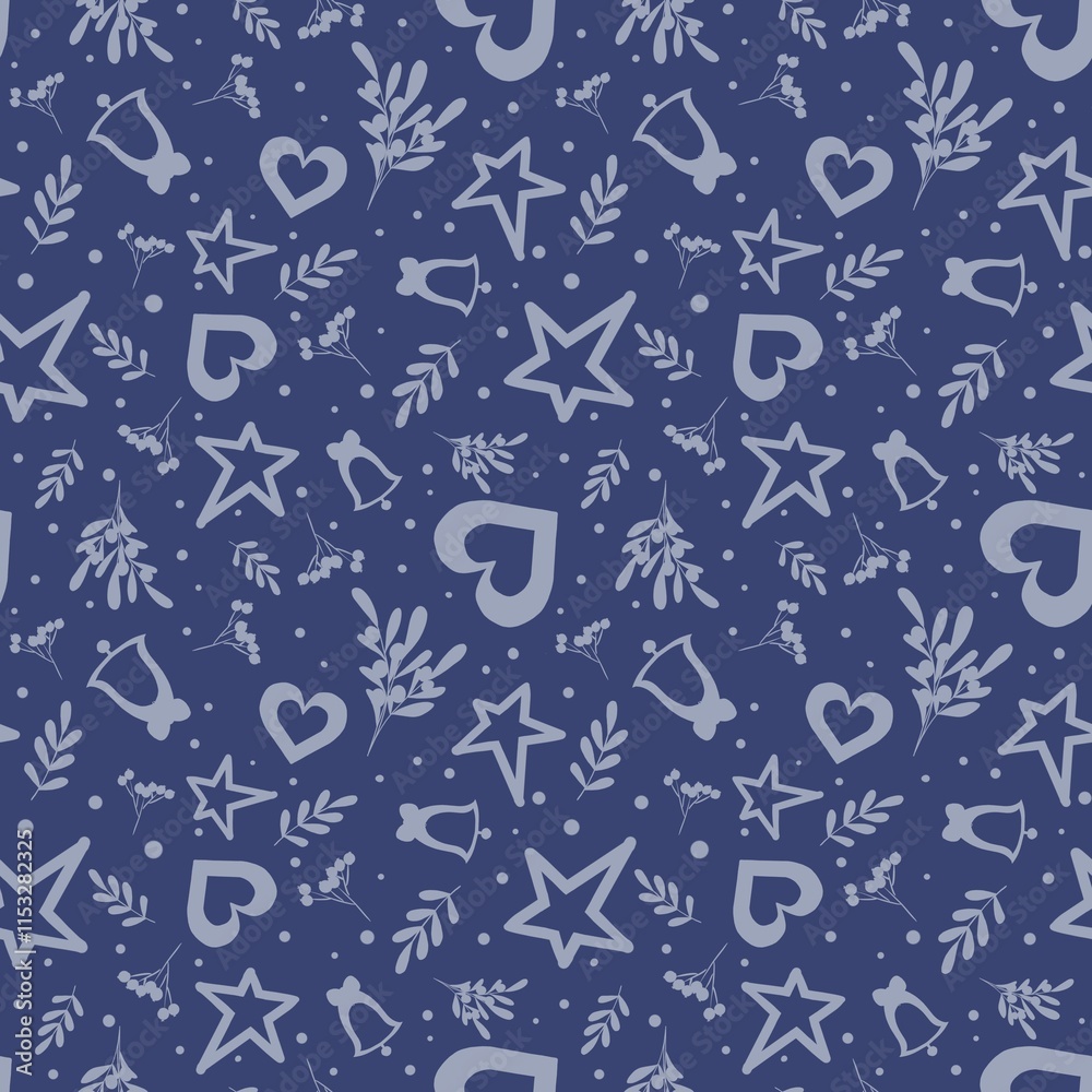 Christmas seamless pattern design, background New Year, monochrome hearts, stars berries and mistletoe on dark blue background Christmas seamless pattern design, background New Year, monochrome hearts, stars berries and mistletoe on dark blue background