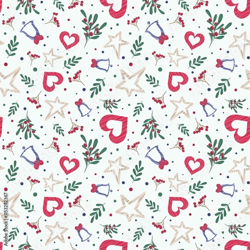 Christmas seamless pattern design, background New Year, Colourful hearts, stars berries and mistletoe on white background photo