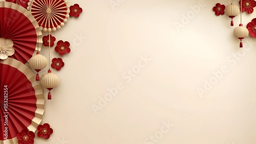 Elegant Red and Gold Paper Fans and Floral Chinese Decoration - Lunar New Year Festive Background